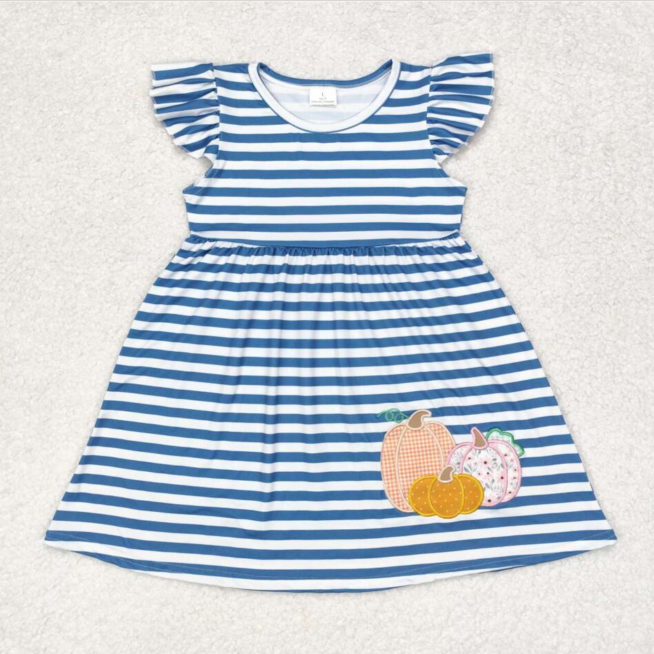 GSD1254 Baby Girls Blue Stripes Pumpkin Flutter Sleeve Knee Length Dresses