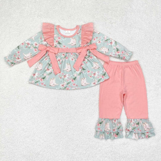 GLP1309 Baby Girls Western Flowers Boots Tunic Ruffle Pants Clothes Sets