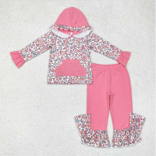 GLP1285 Baby Girls Floral Hoodie Top Pink Ruffle Pants Set