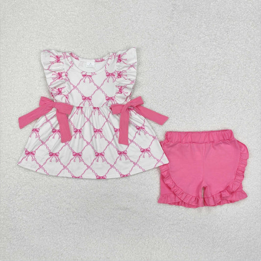 GSSO1620 Baby Girls Pink Bows Tunic Ruffle Shorts Clothes Sets