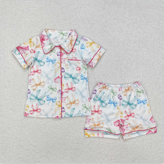 GSSO1478 Baby Girls Colorful Bows Buttons Shirt Shorts Pajamas Clothes Sets