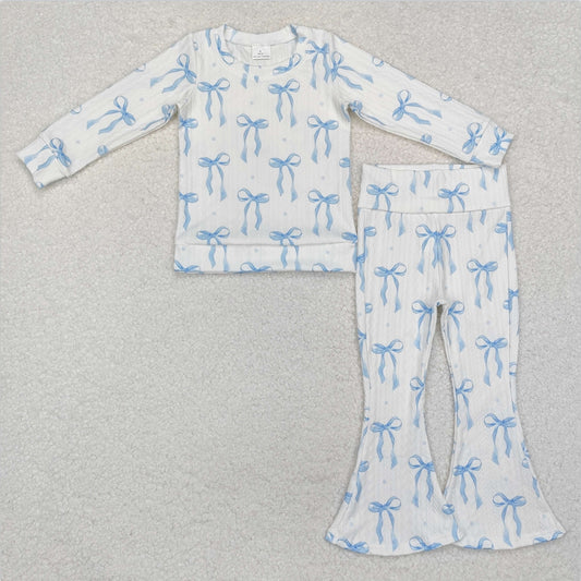 GLP2143 Baby Girls Blue Bows Cable Print Shirt Bell Pants Clothes Sets