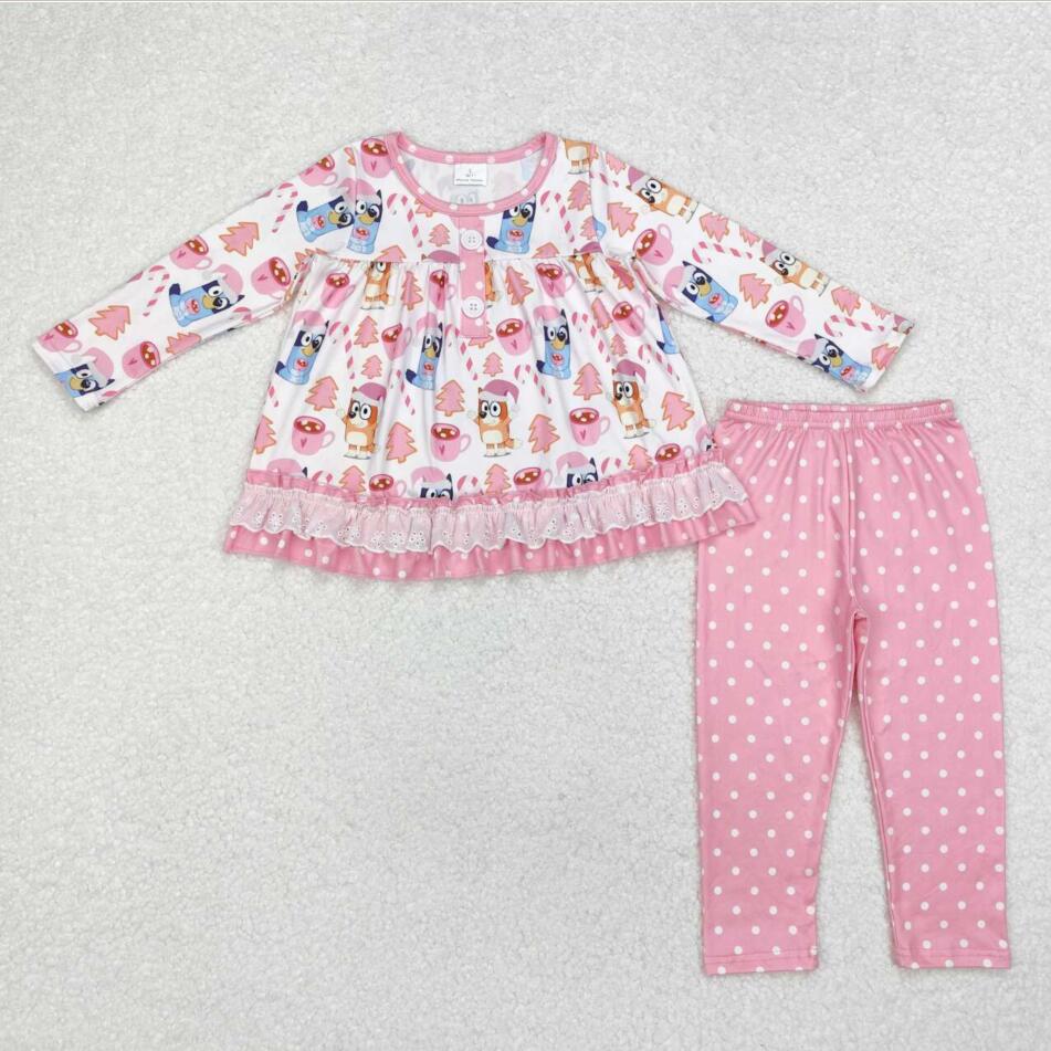 GLP1732 Baby Girls Christmas Dog Ruffle Top Legging Outfits Sets