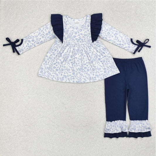 GLP1828 Baby Girls Blue Flowers Tunic Top Ruffle Pants Clothes Sets