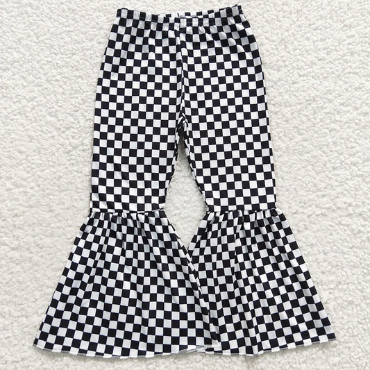 RTS NO MOQ Sibling Baby Girls Trousers 3 Colors Checkered Bell Bottom Pants