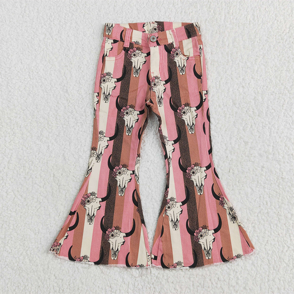RTS NO MOQ Baby Girls Pants P0437 Aztec Western Cow Stripe Skull Bell Flare Denim Pants