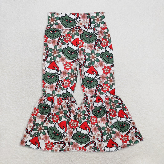 6.18 RTS NO MOQ Baby Girls Long Pants P0631 Christmas Green Frog Bell Bottom Pants