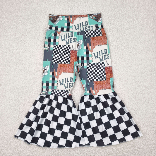 RTS NO MOQ Baby Girls Long Pants P0751 Wild West Bull Skull Plaid Bell Bottom Pants