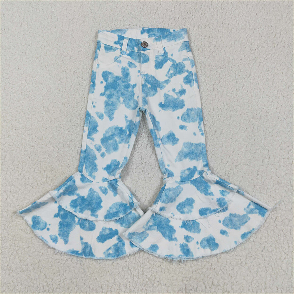 5.19 RTS NO MOQ Baby Girls Pants P0762 Light Blue Cow Print Bell Jeans Denim Pants
