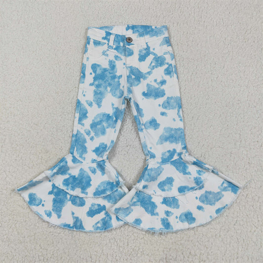 5.19 RTS NO MOQ Baby Girls Pants P0762 Light Blue Cow Print Bell Jeans Denim Pants