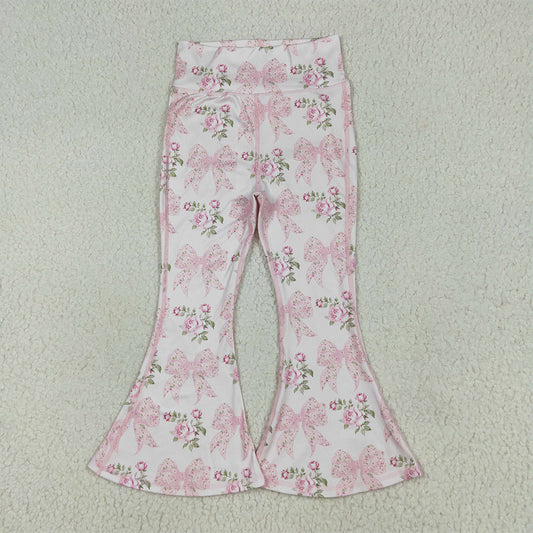 6.26 RTS NO MOQ Baby Girls Summer Pants P0768 Pink Floral Bows Bell Bottom Yoga Pants