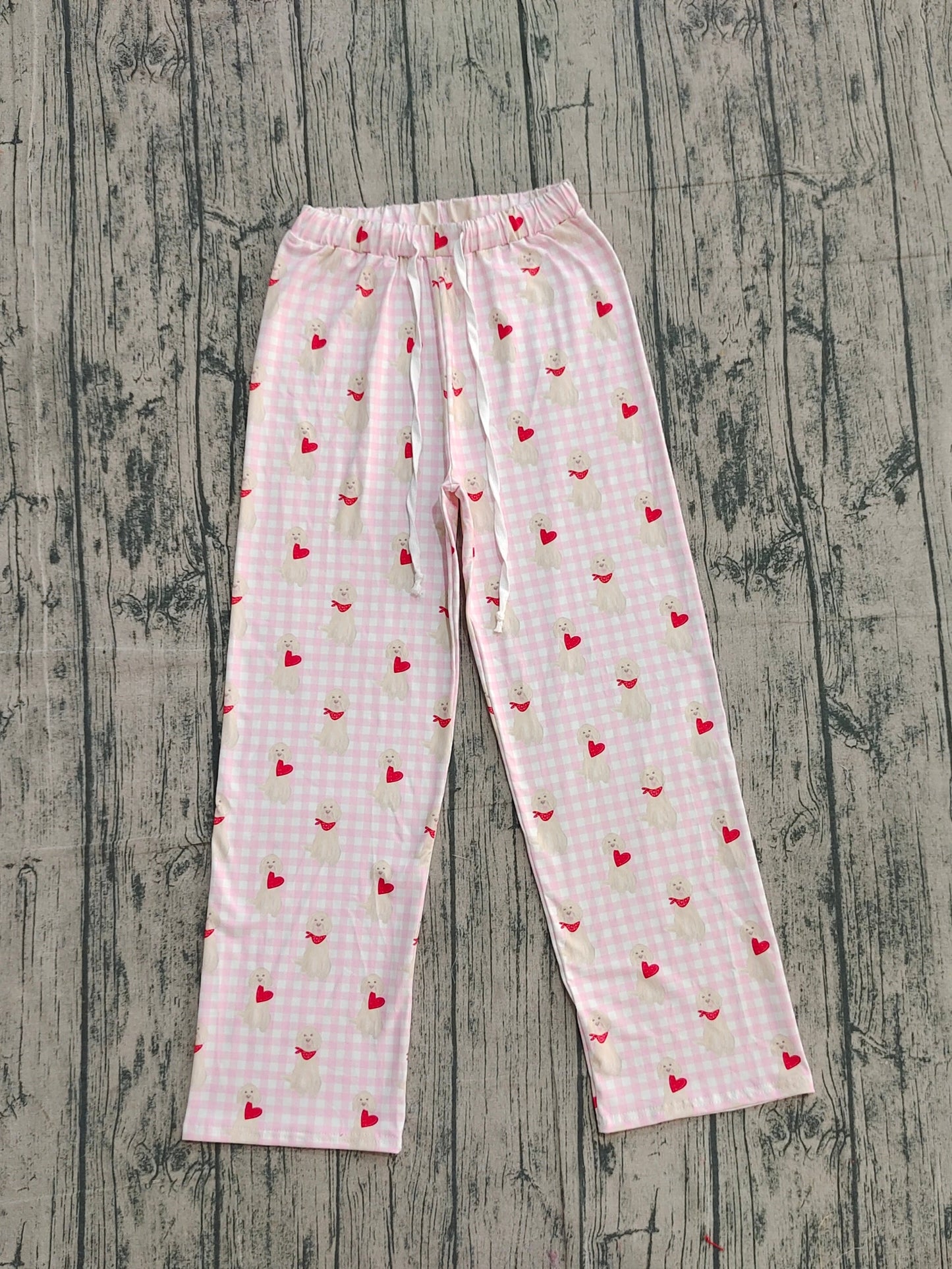 RTS Adult Woman Dogs Hearts Plaid Valentine's Day Pink Pajamas Pants