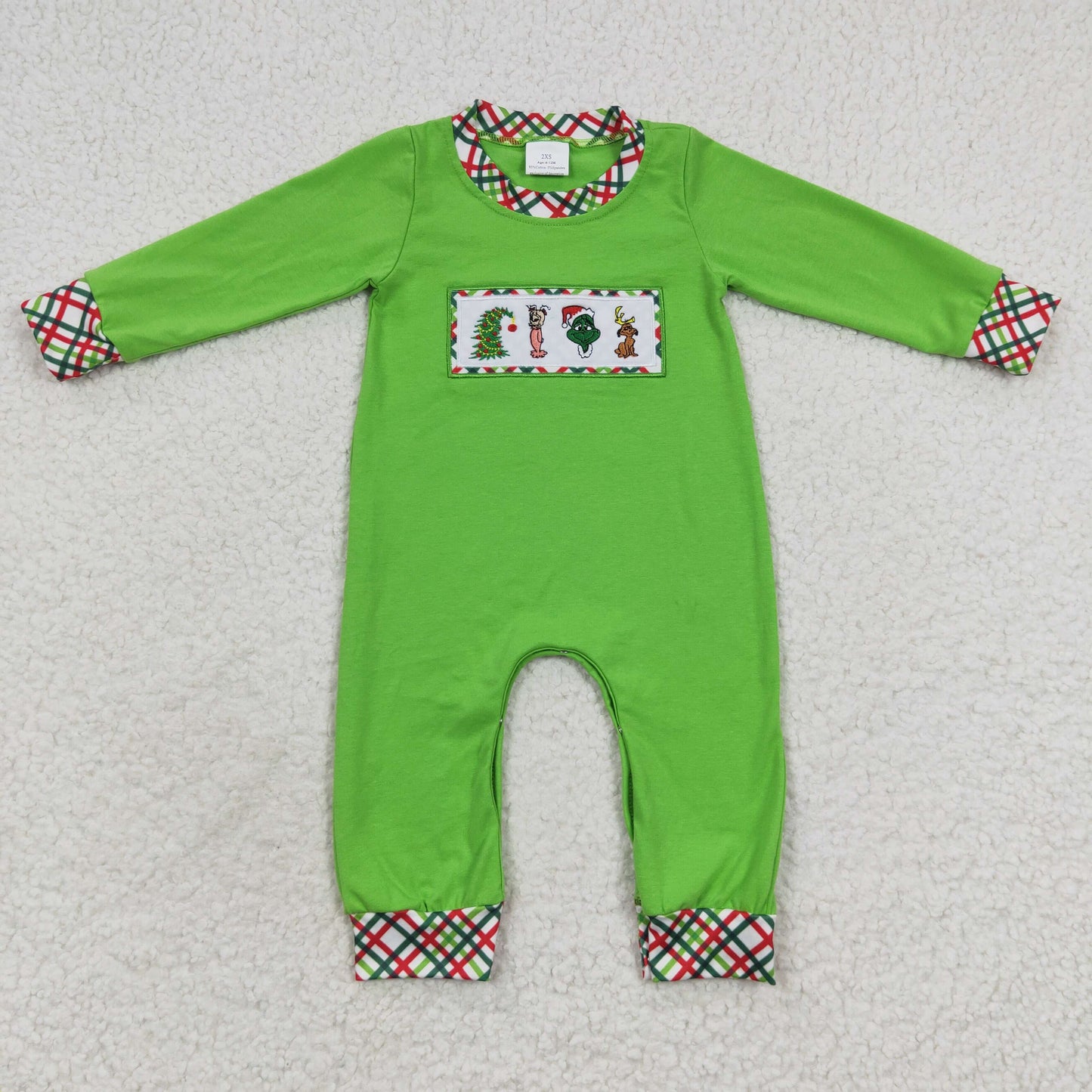 LR0325 Boys Christmas embroidery cartoon plaid green long-sleeved onesie