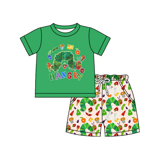 4.17 Pre order moq 5 Baby Boys Green Short Sleeves Caterpillar Top Pocket Short Set