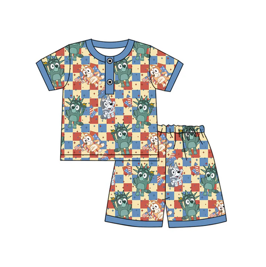 4.17 Preorder moq 5 Baby Boys Short Sleeves Cartoon Dogs Flags Button Top Short 4th Of July Pajamas Set