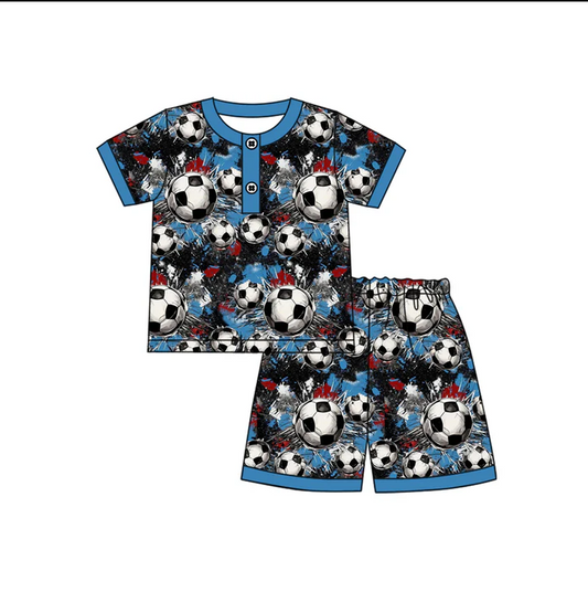 4.17 Preorder moq 5 Baby Boys Blue Short Sleeves Footballs Button Top Short Pajamas Set