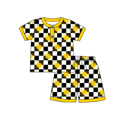 4.17 Preorder moq 5 Baby Boys Short Sleeves Black Plaid Suns Button Top Short Pajamas Set