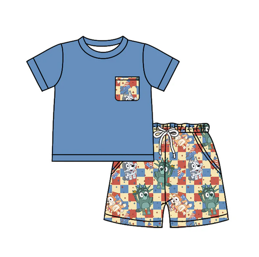 4.17 Preorder moq 5 Baby Boys Blue Short Sleeves Pocket Top Cartoon Dogs Flags Short 4th Of July Set