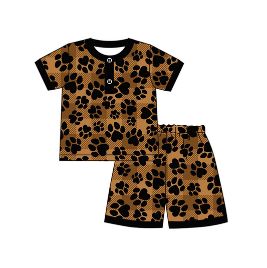 4.17 Preorder moq 5 Baby Boys Brown Short Sleeves Pawl Plaid Button Top Short Pajamas Set