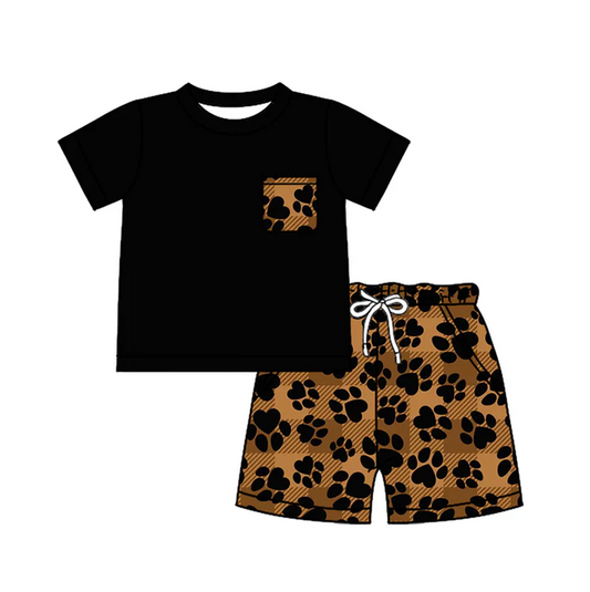4.17 Preorder moq 5 Baby Boys Black Short Sleeves Pocket Top Pawl Plaid Short Set