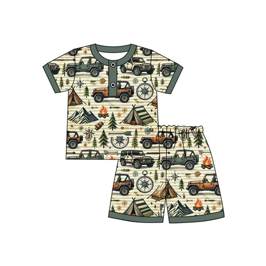 4.17 Preorder moq 5 Baby Boys Green Short Sleeves Camping Tent Button Top Short Pajamas Set