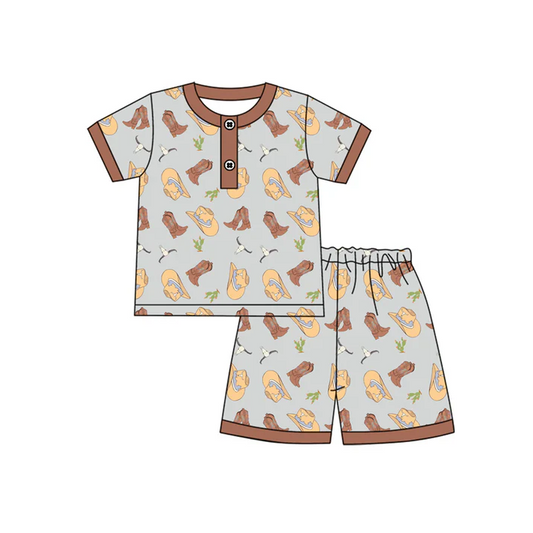 4.17 Preorder moq 5 Baby Boys Brown Short Sleeves Boots Hats Button Top Short Pajamas Set