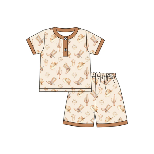 4.17 Preorder moq 5 Baby Boys Khaki Short Sleeves Boots Cactus Button Top Short Pajamas Set