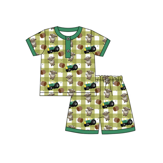 4.17 Preorder moq 5 Baby Boys Green Plaid Short Sleeves Cows Trucks Button Top Short Pajamas Set