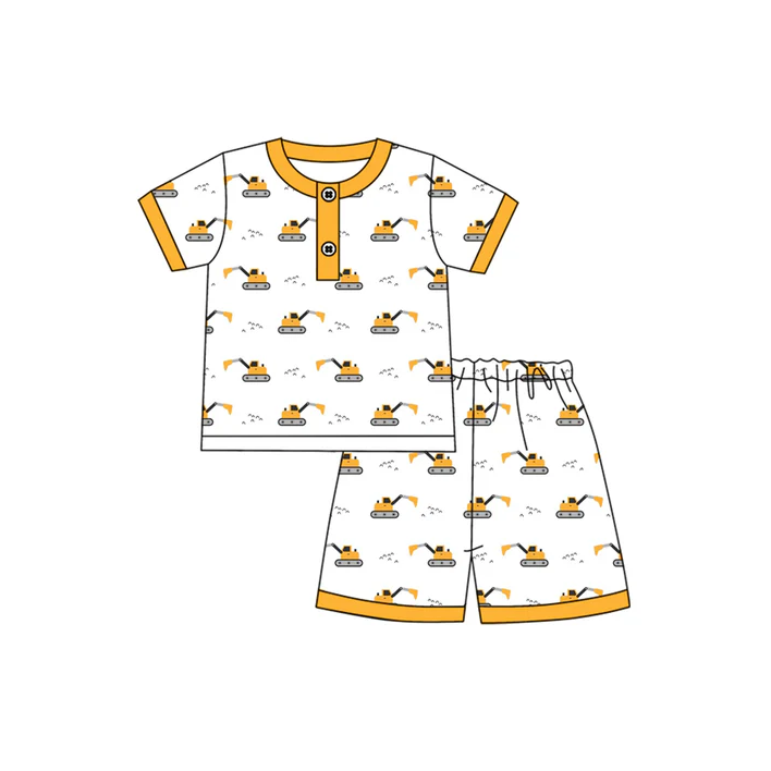 4.17 Preorder moq 5 Baby Boys Yellow Short Sleeves Excavators Button Top Short Pajamas Set