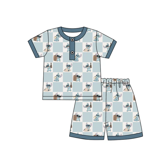 4.17 Preorder moq 5 Baby Boys Blue Short Sleeves Cartoon Bunny Button Top Short Pajamas Set