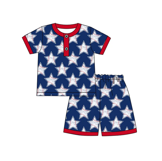 4.17 Preorder moq 5 Baby Boys Blue Short Sleeves Baseballs Stars Button Top Short Pajamas Set