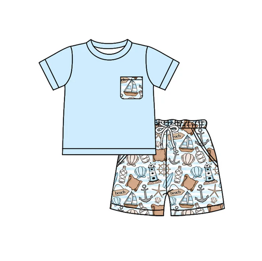 4.17 Preorder moq 5 Baby Boys Blue Short Sleeves Pocket Top Boats Shell Short Set