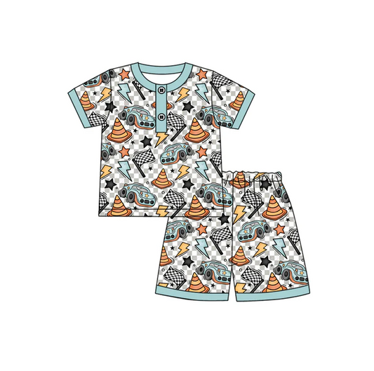 4.17 Preorder moq 5 Baby Boys Blue Short Sleeves Cars Flags Button Top Short Pajamas Set