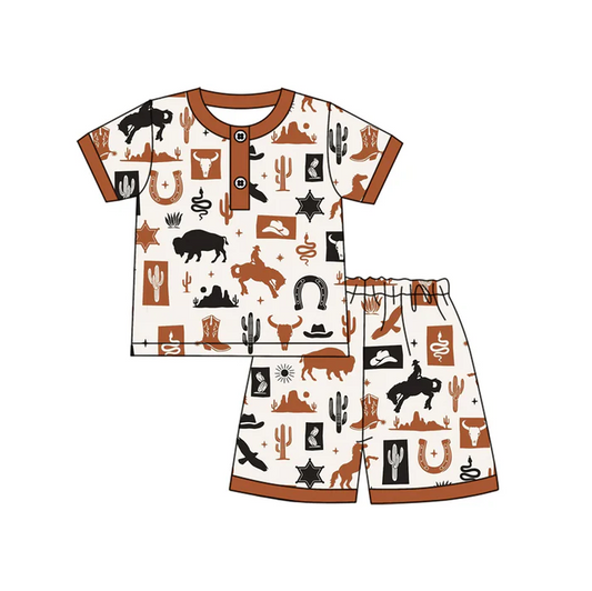4.17 Preorder moq 5 Baby Boys Khaki Short Sleeves Horse Rodeos Button Top Short Pajamas Set