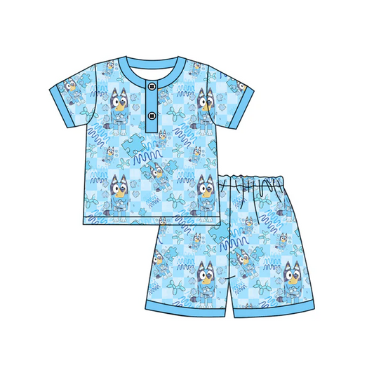 4.17 Preorder moq 5 Baby Boys Blue Short Sleeves Cartoon Dogs Button Top Short Pajamas Set
