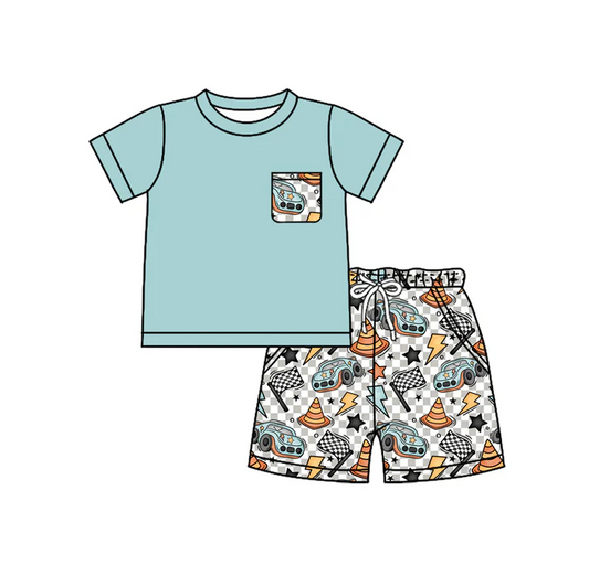 4.17 Preorder moq 5 Baby Boys Aqua Short Sleeves Pocket Top Cars Flags Short Set