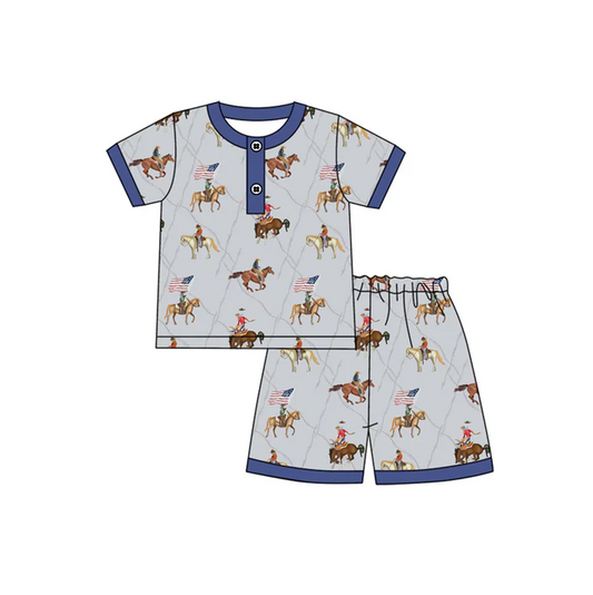 4.17 Preorder moq 5 Baby Boys Horse Rodeo Flag Button Top Short 4th Of July Pajamas Set