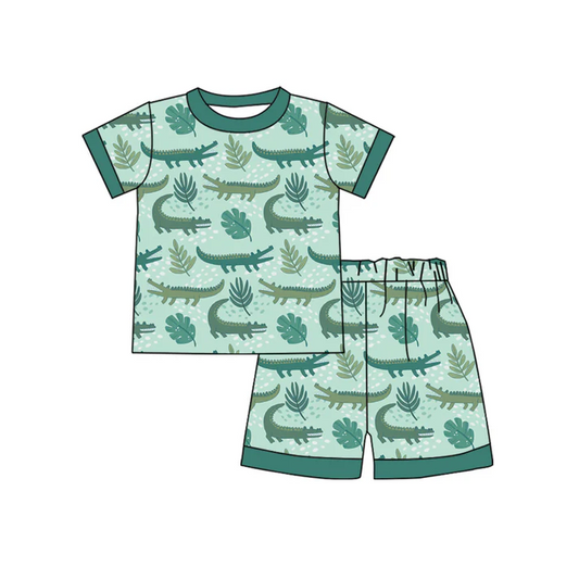4.17 Preorder moq 5 Baby Boys Green Short Sleeves Crocodiles Top Short Set