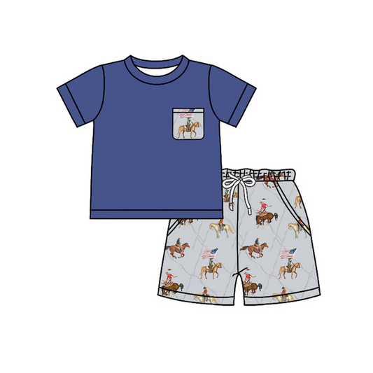 4.17 Preorder moq 5 Baby Boys Navy Short Sleeves Pocket Top Horse Rodeos Flag Short 4th Of July Set