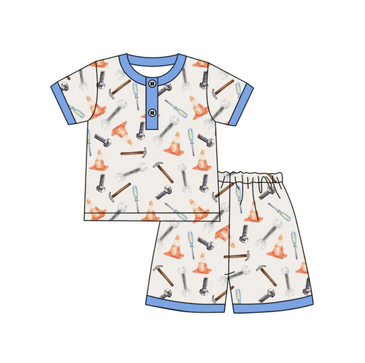 4.17 Preorder moq 5 Baby Boys Short Sleeves Button Tools Top Short Pajamas Set