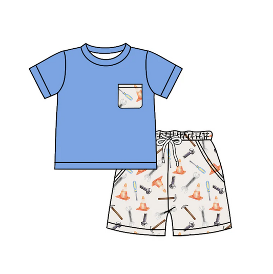 4.17 Preorder moq 5 Baby Boys Blue Short Sleeves Pocket Top Tools Short Set