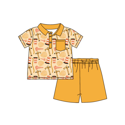 4.17 Preorder moq 5 Baby Boys Yellow Short Sleeves Button Pocket Line Tower Top Short Set