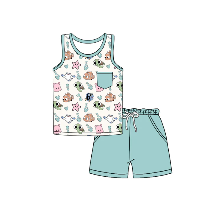 4.17 Preorder moq 5 Baby Boys Mint Sleeveless Pocket Cartoon Fishes Top Short Set