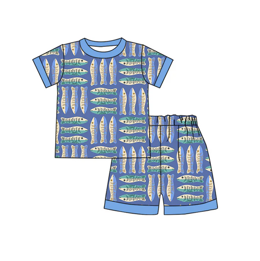 4.17 Preorder moq 5 Baby Boys Lavender Short Sleeves Fishing Top Short Pajamas Set