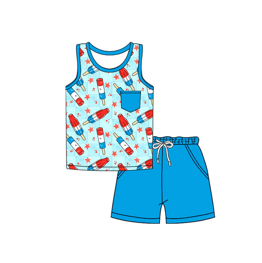 4.17 Preorder moq 5 Baby Boys Blue Sleeveless Popsicle Stars Pocket Top Short 4th Of July Set