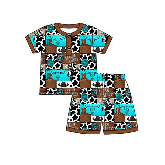 4.17Preorder moq 5 Baby Boys Brown Short Sleeves Boots Cactus Button Top Short Pajamas Set