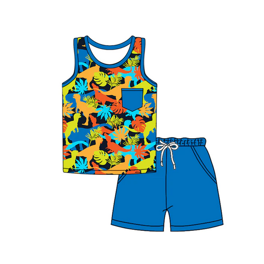 4.17 Preorder moq 5 Baby Boys Blue Sleeveless Colorful Dinosaurs Pocket Top Short Set