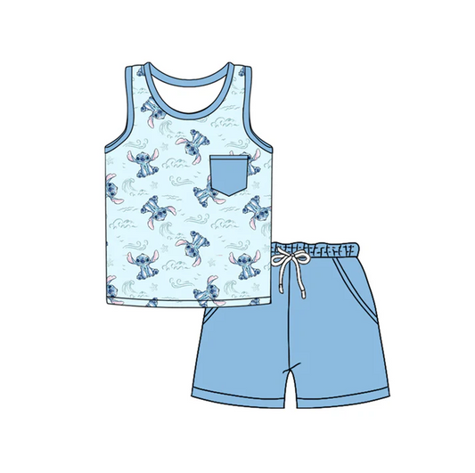 4.17 Preorder moq 5 Baby Boys Blue Sleeveless Cartoon Bunny Pocket Top Short Set