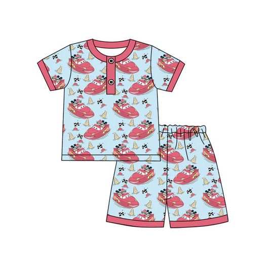 4.17 Preorder moq 5 Baby Boys Short Sleeves Cartoon Cars Flags Button Top Short Pajamas Set