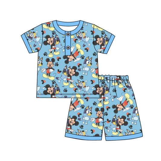 4.17 Preorder moq 5 Baby Boys Blue Short Sleeves Cartoon Mouse Dogs Button Top Short Pajamas Set